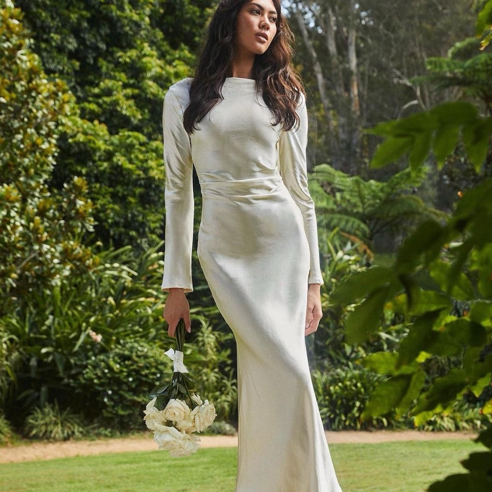Loveland Cowl Back Midi Dress Cream Oyster Satin Long Sleeves XL 10